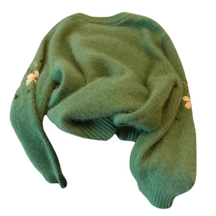 Cottagecore Floral Embroidery Green Sweater