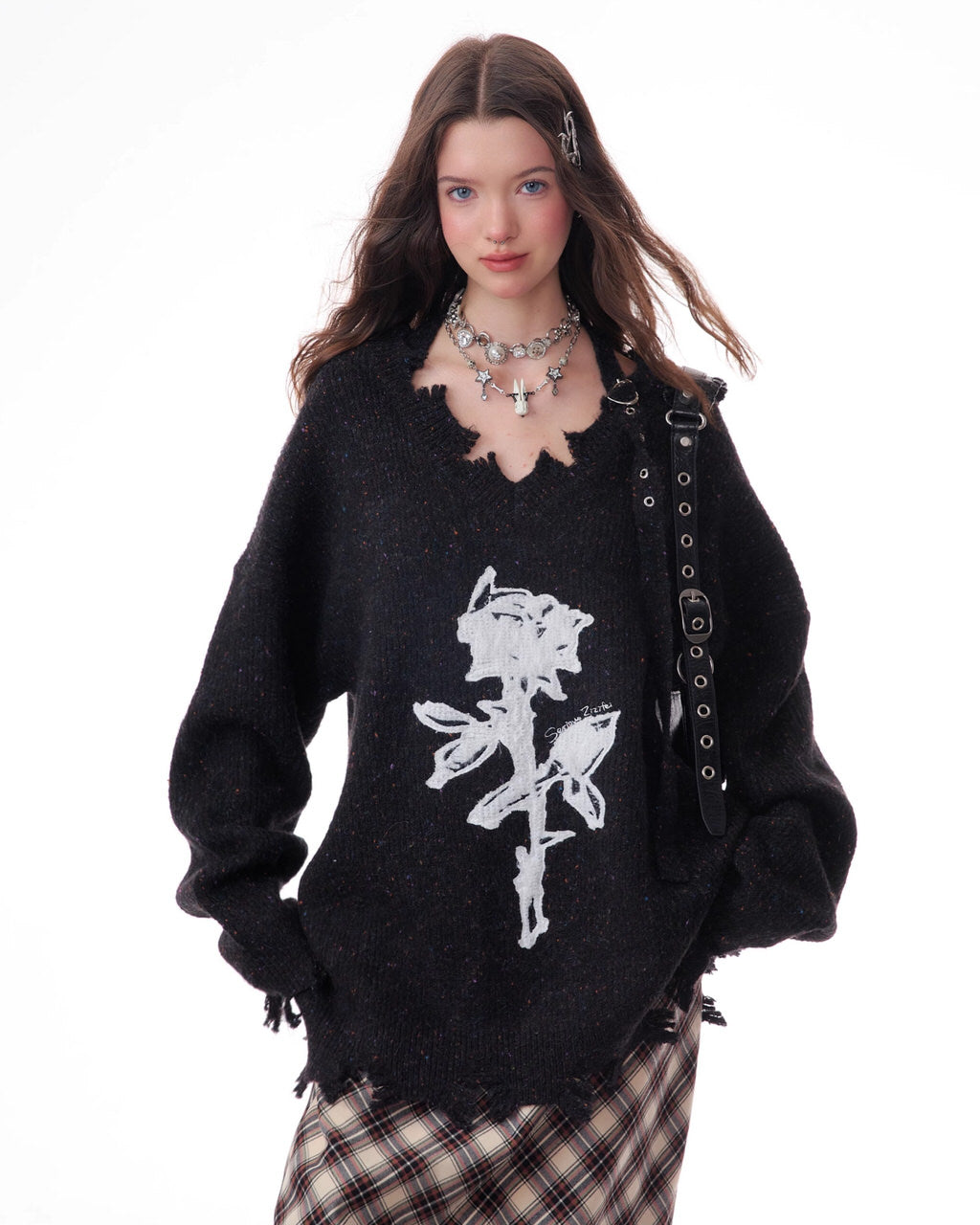 Distressed Rose Print Sweater