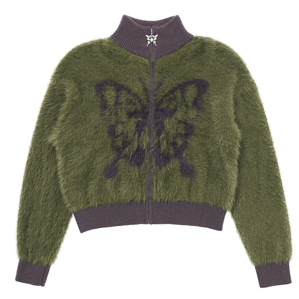 Butterfly Print Fuzzy Bomber