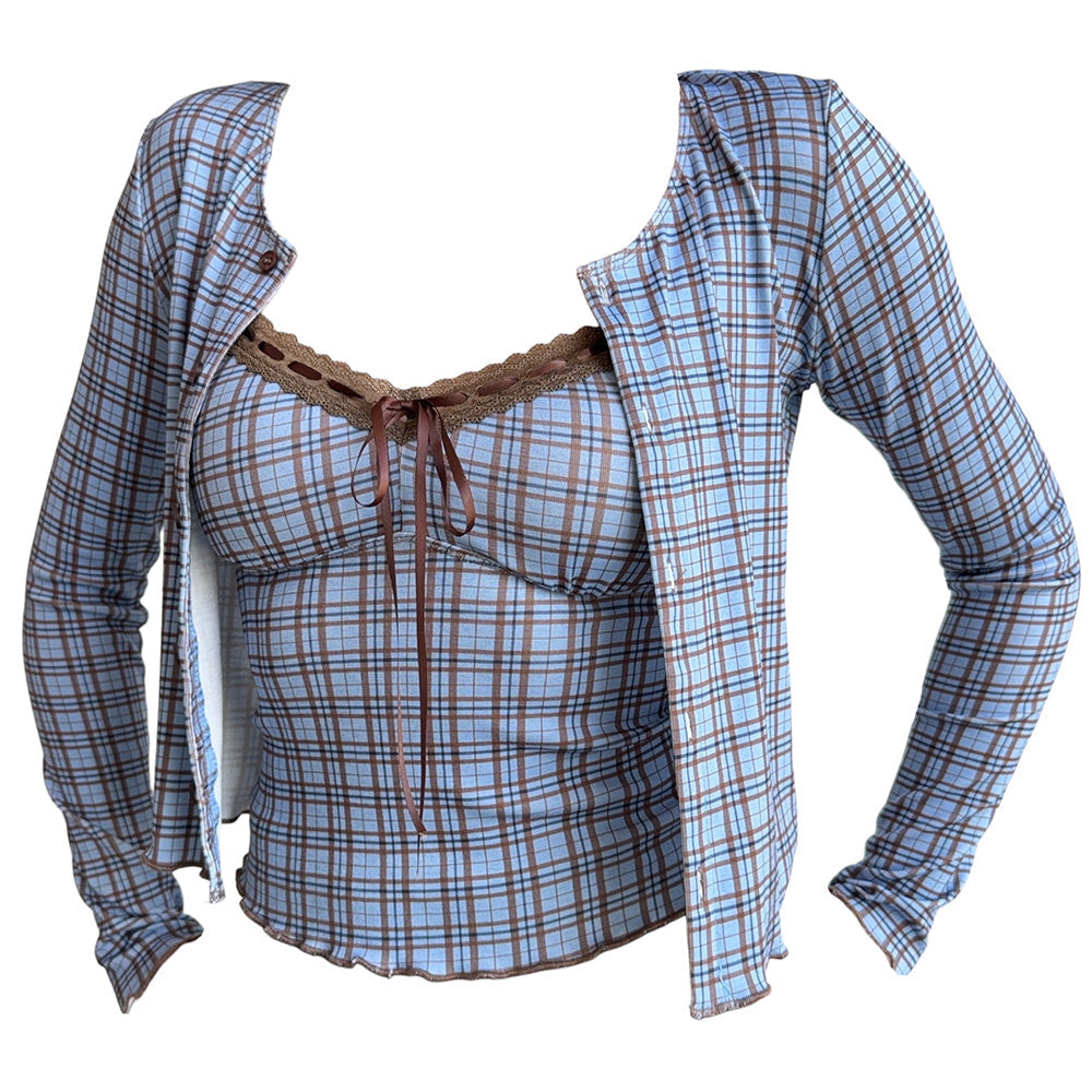 Gossip Goes Around Plaid Top + Cardigan Set