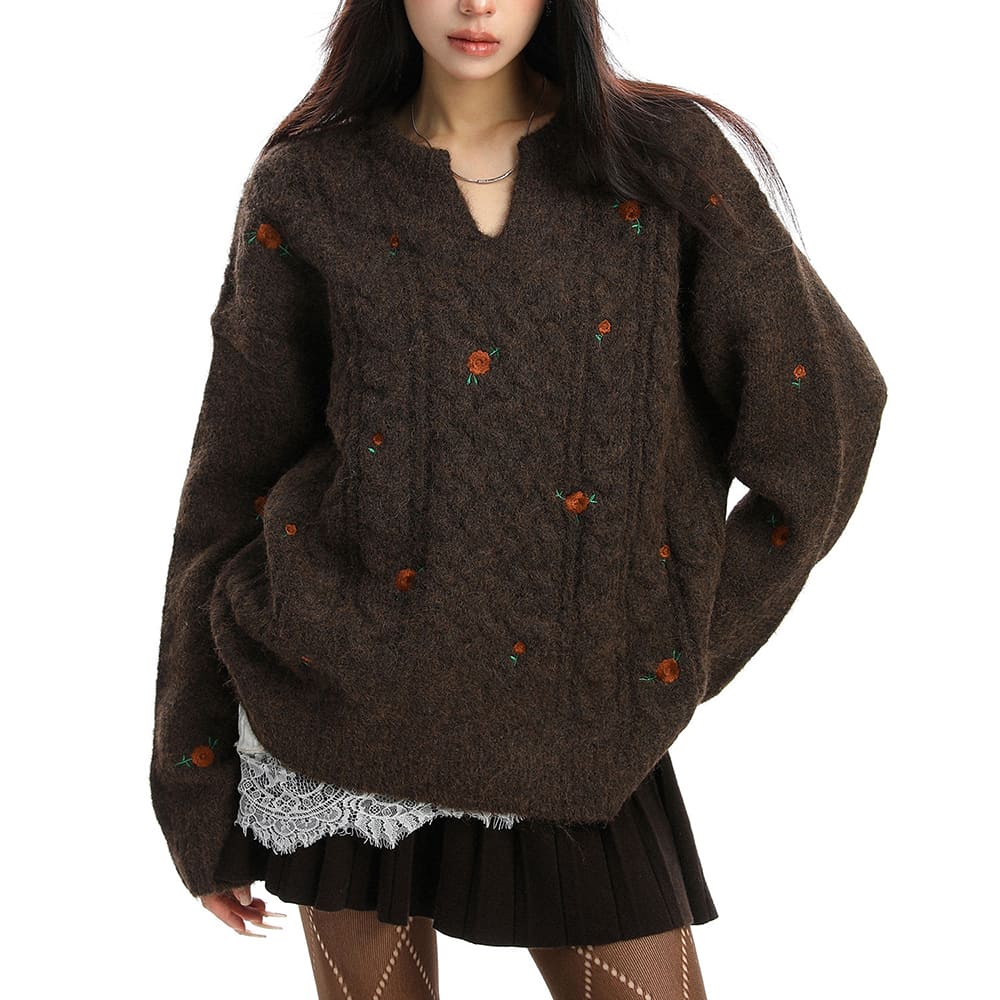 Cottagecore Cable Knit Rose Sweater