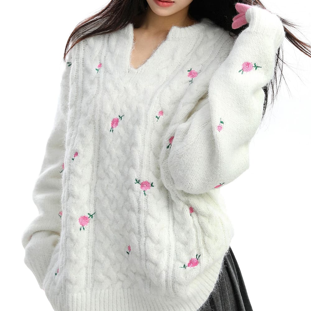Cottagecore Cable Knit Rose Sweater