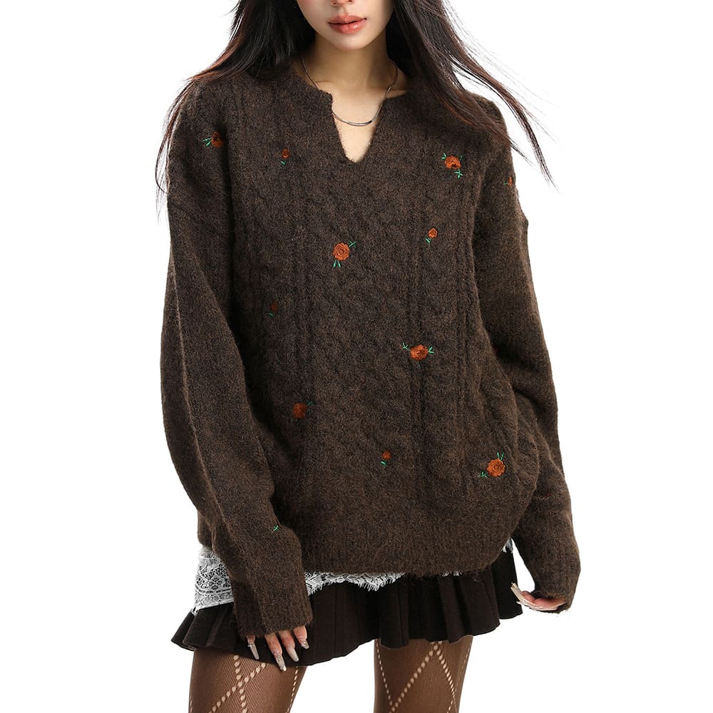 Cottagecore Cable Knit Rose Sweater