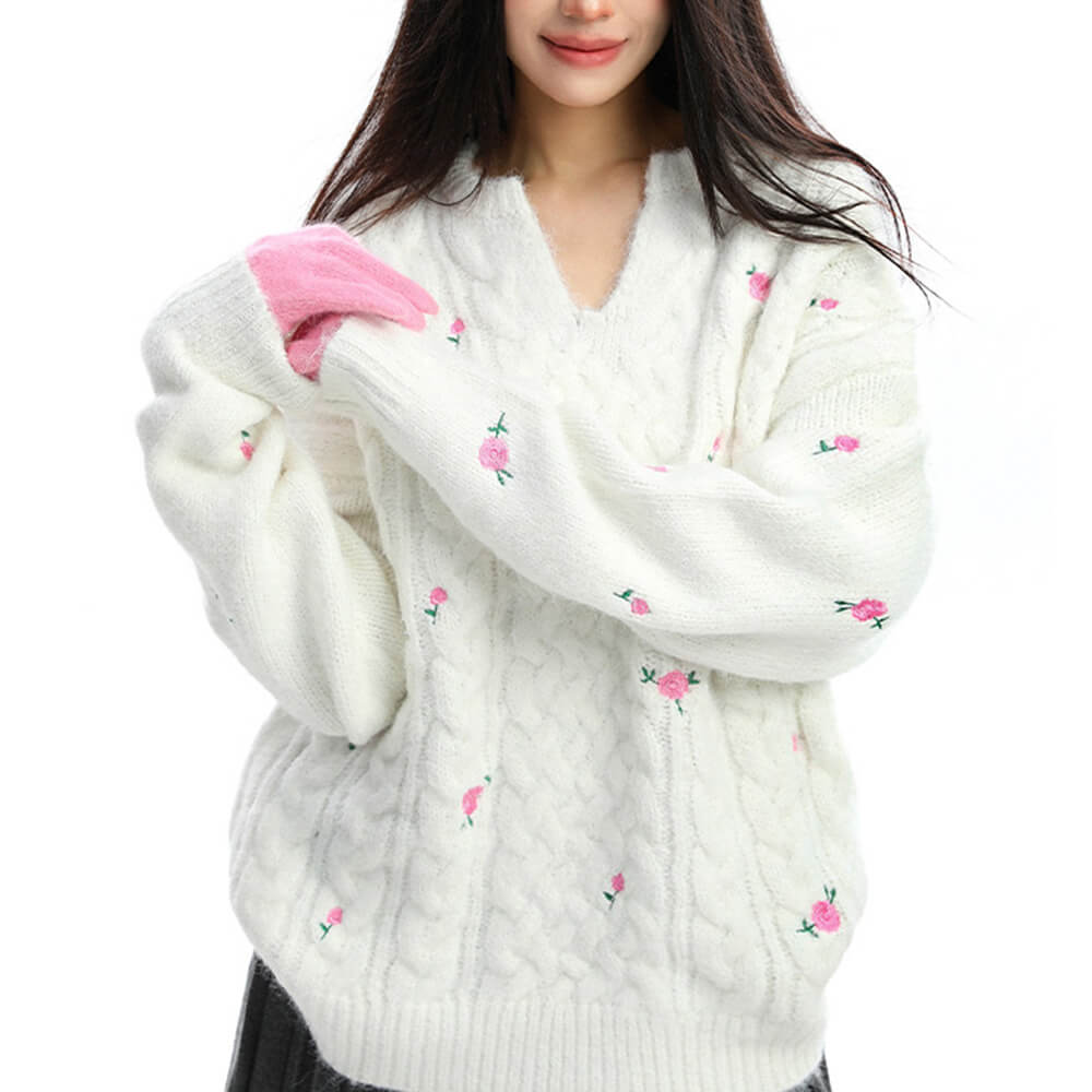 Cottagecore Cable Knit Rose Sweater