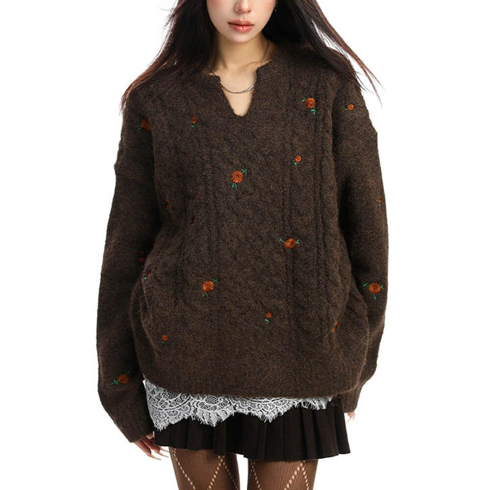Cottagecore Cable Knit Rose Sweater
