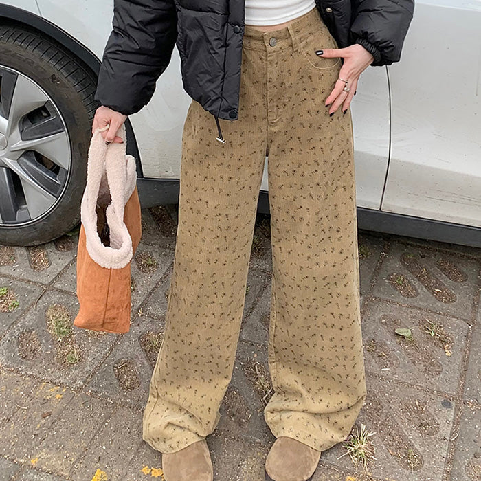 Vintage Aesthetic Floral Print Cord Pants