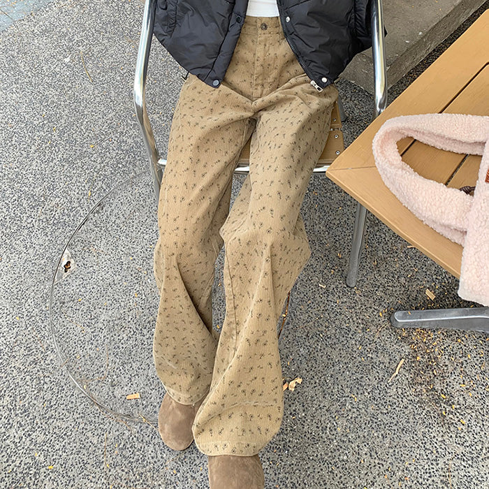 Vintage Aesthetic Floral Print Cord Pants