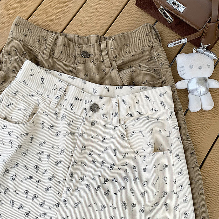 Vintage Aesthetic Floral Print Cord Pants