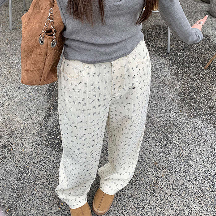 Vintage Aesthetic Floral Print Cord Pants