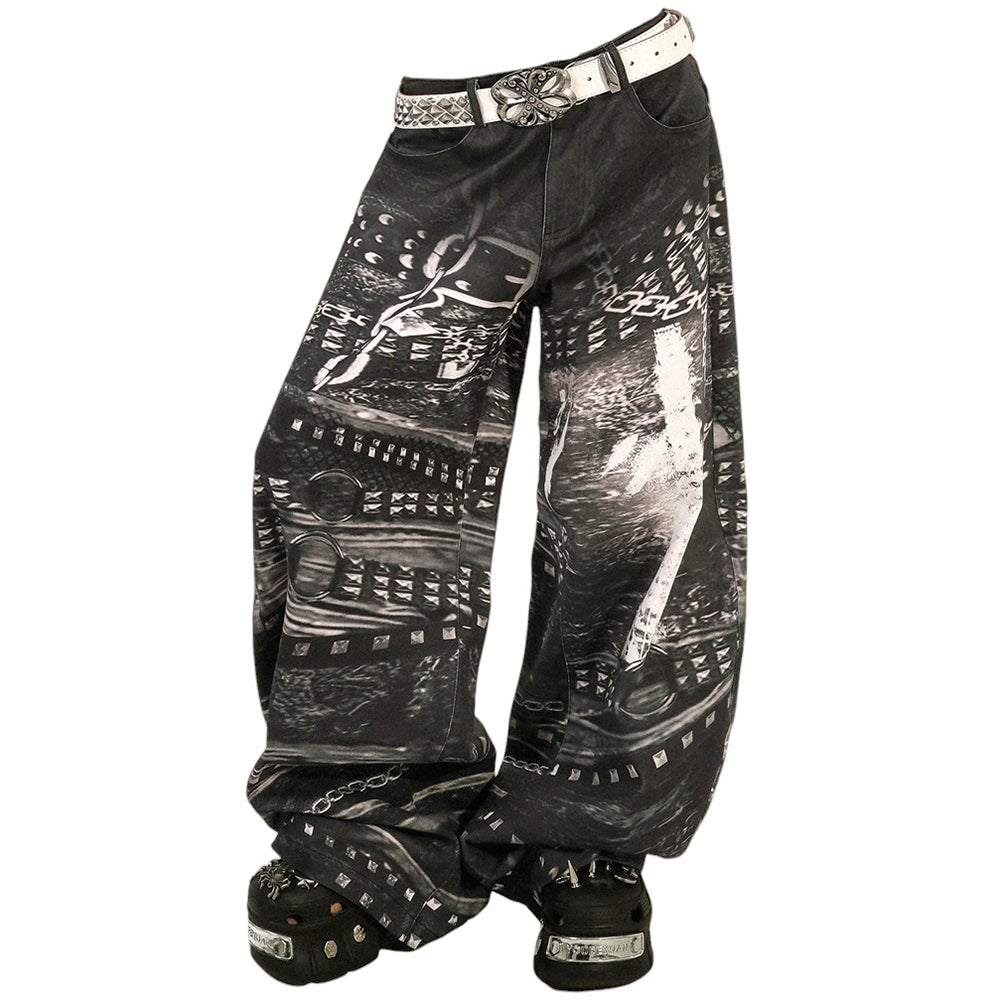 Grunge Chain Print Wide Pants