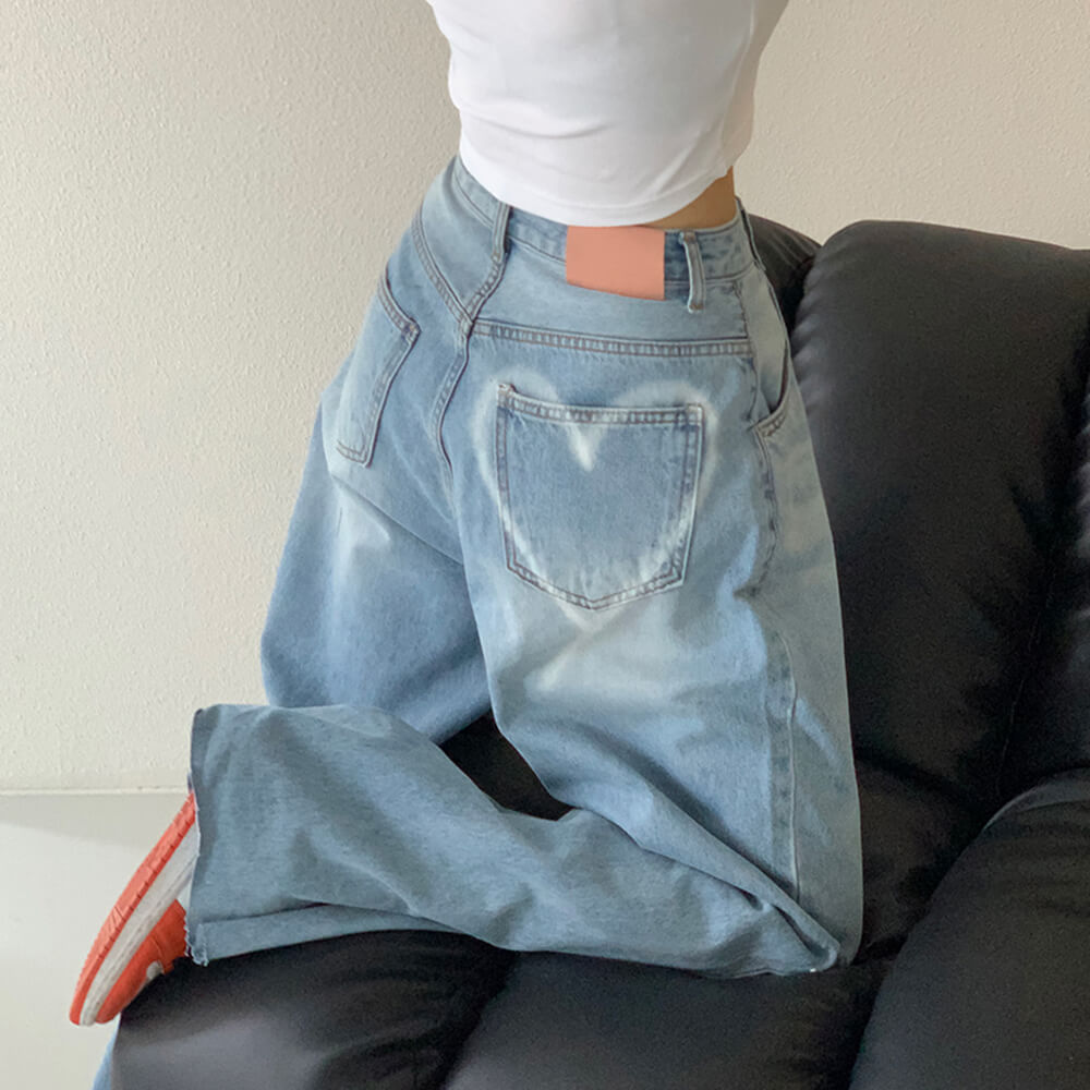 Heart Print Pocket Wide Leg Jeans