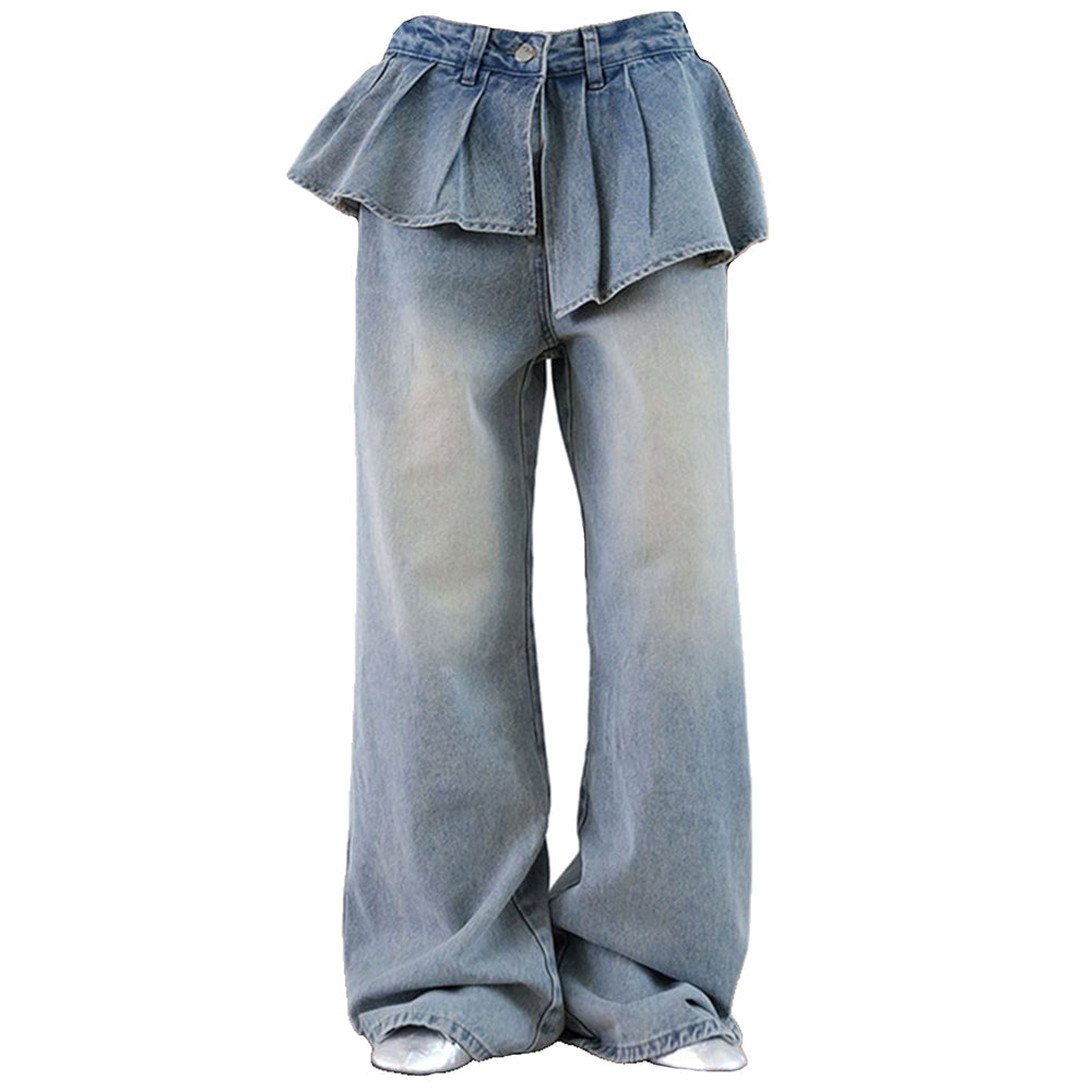 Peplum Waist Denim Wide Leg Jeans