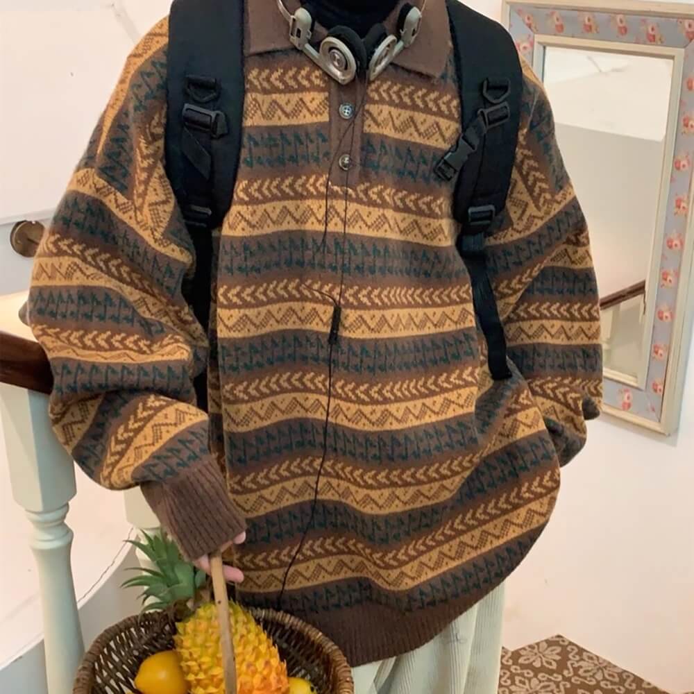 Striped Pattern Grandma Collar Sweater