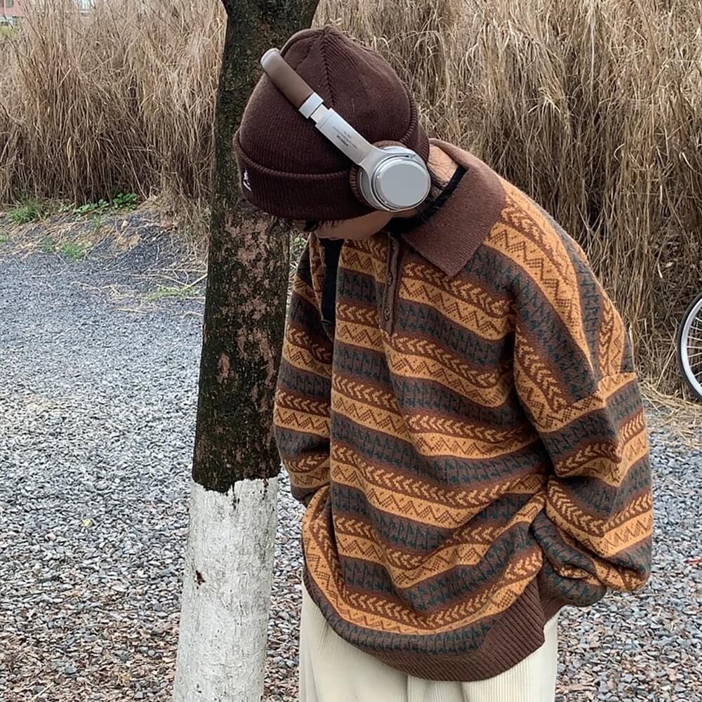 Striped Pattern Grandma Collar Sweater