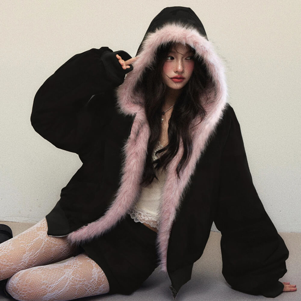 Y2K Fur-Lined Zip-Up Jacket