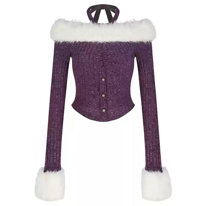 Y2K Fuzzy Off Shoulder Knit Top